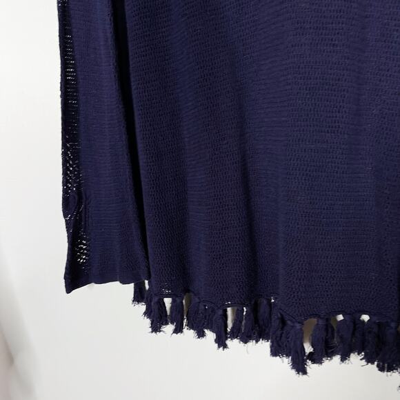 J Mclaughlin Small S Navy Blue Fringe Tassel Open Knit Sweater Long Sleeve VNeck - Picture 4 of 8
